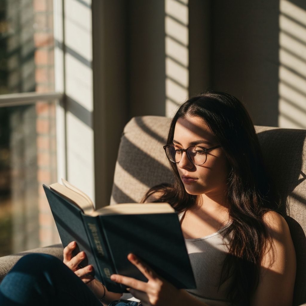 Person liest Buch mit optimaler Beleuchtung, warmes natürliches Licht