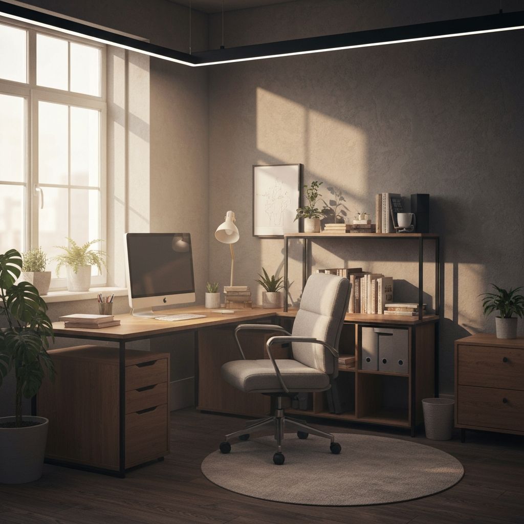 Komfortabler moderner Arbeitsplatz mit korrekter Beleuchtung, ergonomischer Anordnung