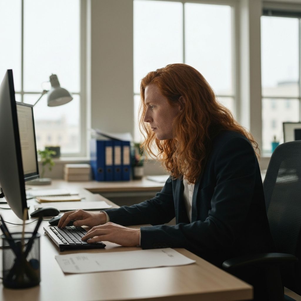 Person an Computer während Tageszeit mit natürlichem Licht, professioneller Arbeitsbereich